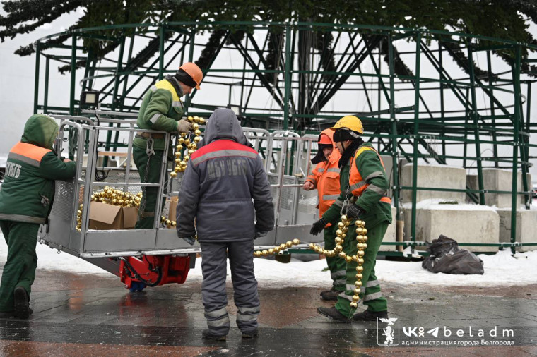 На Соборной площади завершили монтаж ели и приступили к её оформлению.